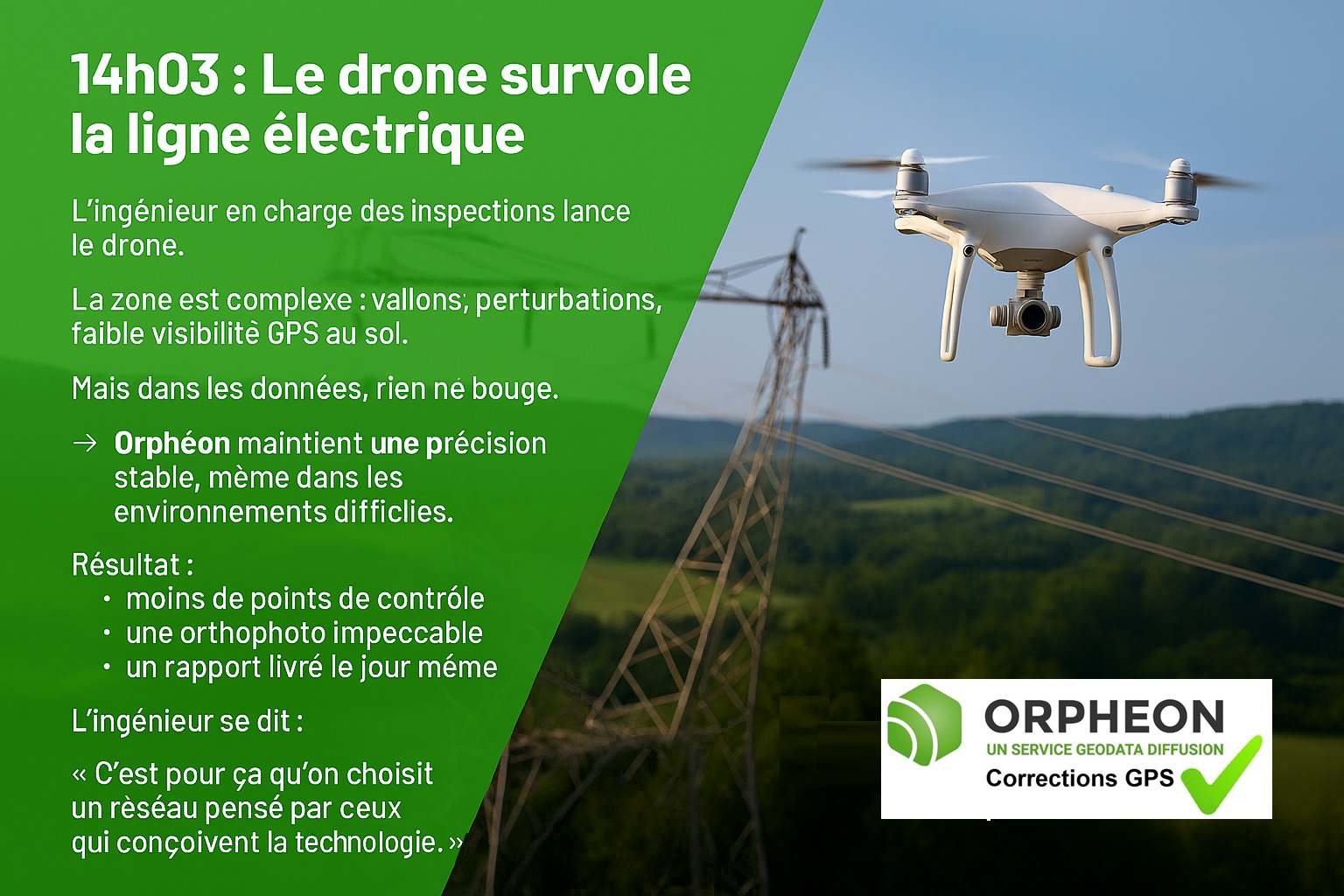 14h03 : Le drone survole la ligne électrique